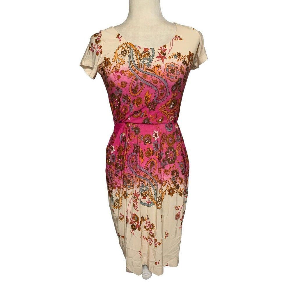 myf Womens pink ivory paisley floral short sleeve knee length dress small Italy